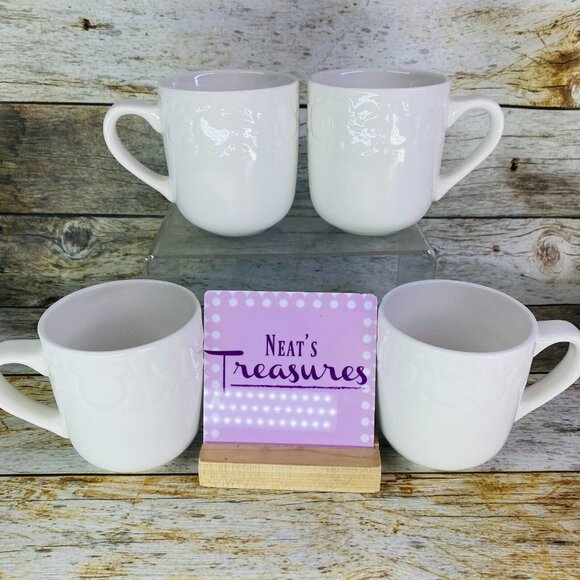 Thomson Pottery FRUIT GARDEN Embossed White Earthenware 12oz Cups Mugs Set of 4 - Picture 1 of 15